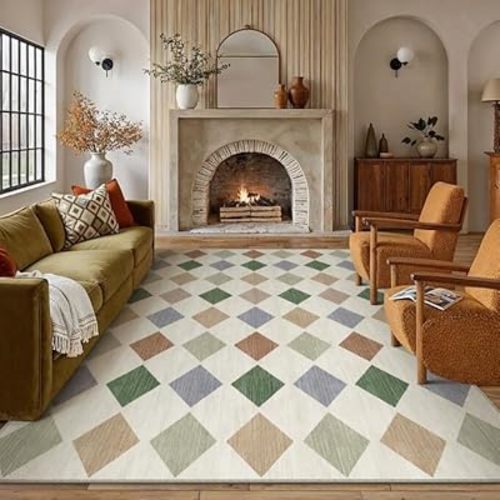 8x10 Washable Area Rug Living Room Large Non Slip Checkered Rugs