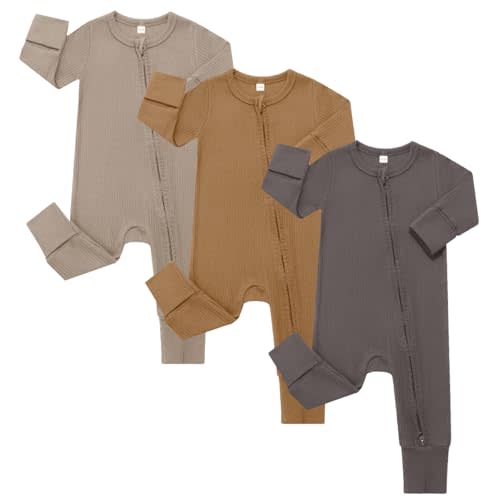 Bafeicao 3 Pack Baby Boy Girl Rompers with Mitten Cuffs, Ribbed Cotton 2 Way Zipper Romper One Piece Jumpsuits Clothes