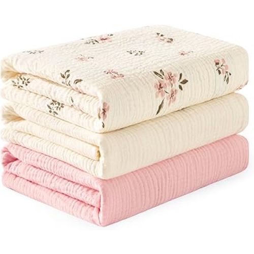 EXQ Home Muslin Swaddle Blankets for Baby, 3 Pack Cotton Breathable Soft Receiving Blankets for Newborn Boys and Girls, Baby Essentials & Gift, 47x47 inches(Pink Blossoms)