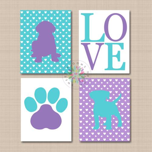 Puppy Dogs Wall Art Room Decor Puppies Love Hearts Paws Nursery Decor Purple Teal Baby Shower Gift Bedroom Decor PRINTS or CANVAS C770