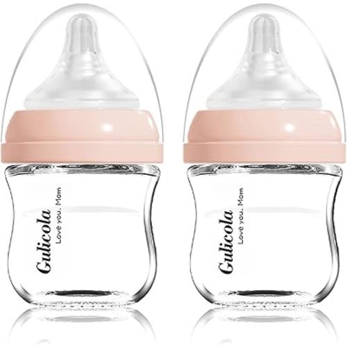 Small Glass Baby Bottle for Newborn Breastfeeding Babies, Preemie & Extra Slow Flow Nipples (SS), Anti-Colic, Breast-Like, 0 Months+, 3 oz, 2 Pack - Pink