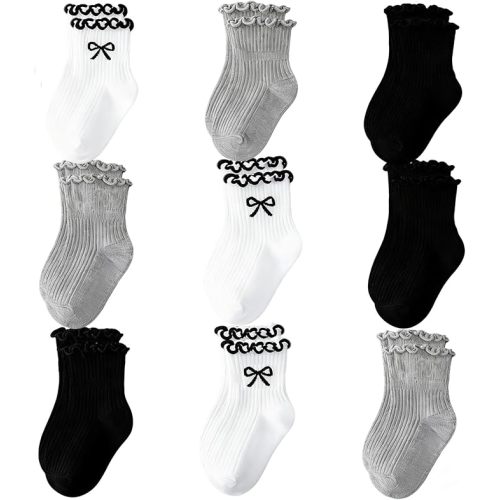 9 Pairs Toddler Ruffle Socks for Girls Baby Frilly Dress Cute Crew Socks Cotton Mid-Calf Bobby Sock