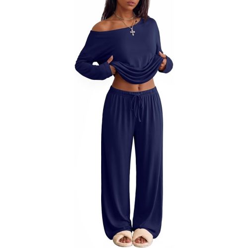 Ekouaer Womens Pajama Sets Off Shoulder Lounge Set 2 Piece Long Sleeve PJs
