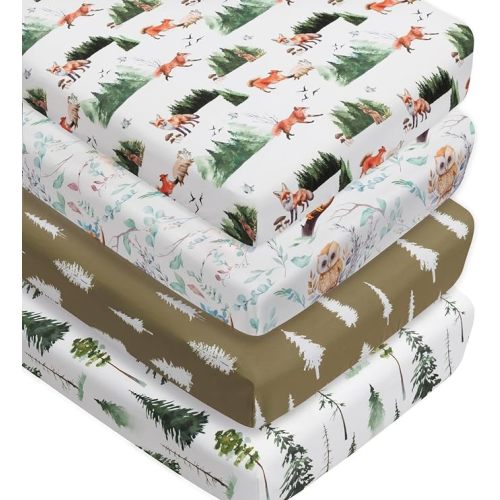 4 Pack Woodland Forest Animals Wood Neutral Unisex Fitted Baby Crib Sheets Set for Baby Boys or Girls (Paint Fox, 52 * 28)