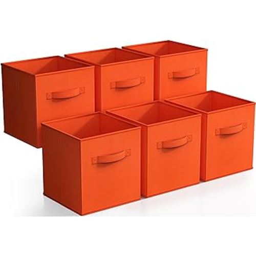 Sorbus Foldable Storage Cubes - 6 Fabric Baskets for Organizing Pantry, Shelf, Toy Box, Cubby, Closet - 11 Inch Collapsible Closet Organizers and Storage Bins with Handle (Orange)