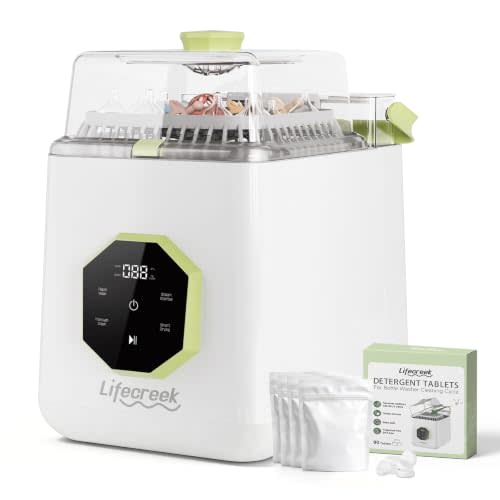 Lifecreek Baby Bottle Washer,4-in-1 Auto Wash Dry Store -White | 17 High-Pressure Jets, 130-150°F Warm Wash, 212°F Steam, 12 Cycles, PCTG Lid, External Drain, 90 Tabs