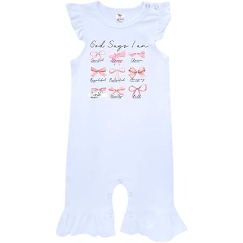 God Says I Am Coquette Bow Christian Baby Girl Clothes, Cute Infant Newborn Baby Clothes for Girls, Summer Baby Girl Romper Jumpsuit, Flutter Sleeves, Christian Gifts For Kids, New Baby.
