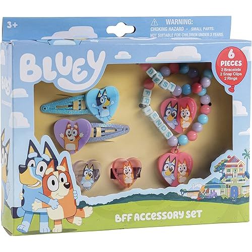 LUV HER Bluey Girls BFF 6 Piece Toy Jewelry Box Set with 2 Rings, 2 Bead Bracelets and Snap Hair Clips Ages 3+