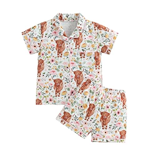Qiylii 1-6Y Toddler Girls Floral Silk Pajamas Short Sleeve Button-Up Top Shorts Summer 2PC Flowers Satin Pajamas Set