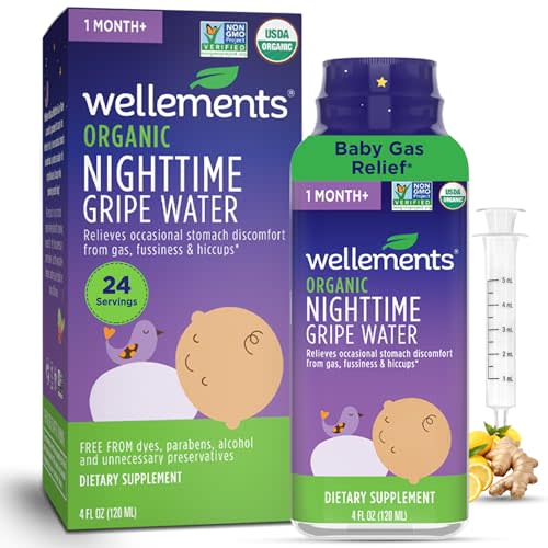 Wellements Organic Nighttime Gripe Water for Babies 1 Month+ (4 Fl Oz) - Baby Gripe Water for Bedtime Relief Gas, Colic & Fussiness - Herbs Promote a Peaceful Night’s Sleep - USDA Certified & Non GMO