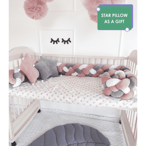 Gray-White-Pink Braided Crib Bumper - Weaving in 4 Strips