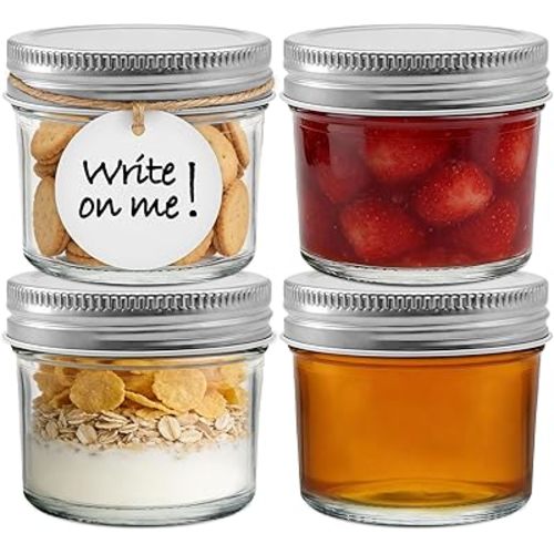 4 Pack 4 oz Small Mason Jars, Small Glass Jars with Airtight Lids, Mini Canning Jars for Jam Honey Spice DIY Gift and Party Favors, Includes Labels, String & Handmade Tags