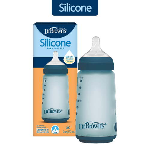 Dr. Brown's Silicone Baby Bottle with Collapsible Insert Designed to Reduce Colic, 9 oz with Wide-Neck Level 2 Medium Flow Nipple, BPA-Free, 3m+, Blue, 1-Pack