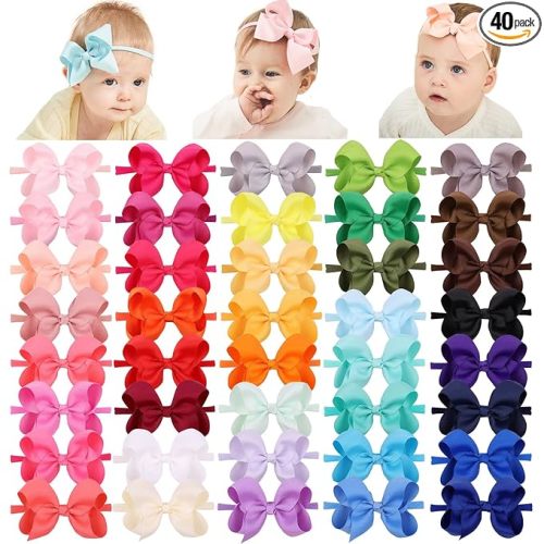 jollybows 40pcs 4inches Baby Girls Grosgrain Ribbon Hair Bows Headbands Nylon Elastic Hair Band Hair Accessories for Infants Newborn