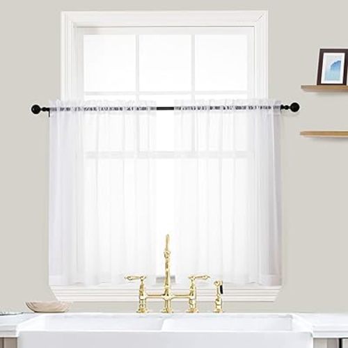 OVZME White Sheer Curtains 36 Inch Length Kitchen Tiers Short Voile Drapes Solid Sheers Cafe Curtain for Bathroom Small Half Window 2 Panels Set, Rod Pocket, 42" W x 36" L