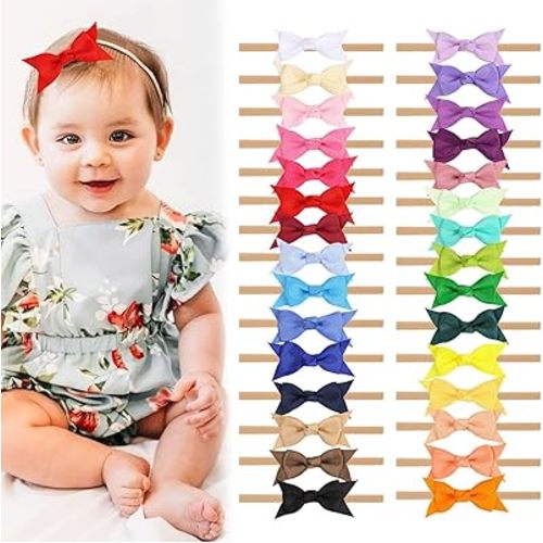 XIMA Baby Girls Hair Bows Headbands,Multi-Color Knot Grosgrain Ribbon Bows with Nylon Elastic Bands Hair Accessories for Newborn Infants Pack of 30