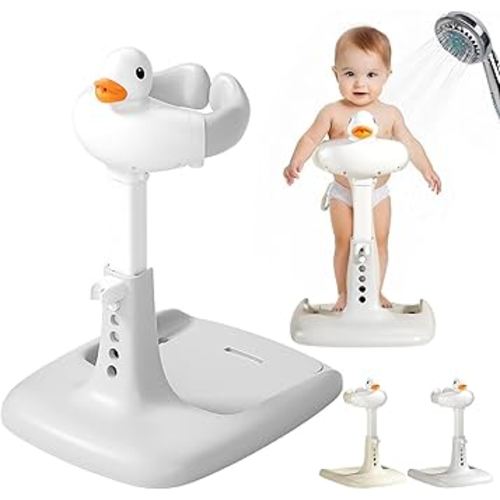 Baby Shower Rack, Adjustable Height Toddler Bathtub Stand, Foldable Infant Bath Support, Duck Design Baby Bath Seat with Anti Slip Pad, Portable Baby Shower Assistant (Grey)