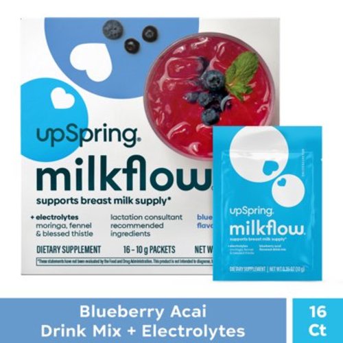 UpSpring Milkflow Moringa, Fennel & Blessed Thistle Breastfeeding Drink Mix with Electrolytes, Blueberry Acai, 16 Count