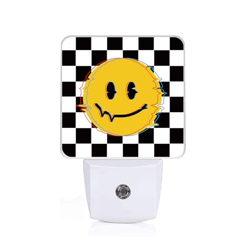 GANTINIR Smile Face Night Light, Plug-into Black and White Checkered Nightlight White LED Lamp, Energy Efficient Decor Desk Lamp for Bedroom Hallway Stairs Bathroom