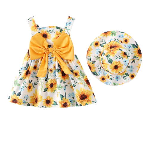 3 Months Baby Girls Dress 6 Months Girls Sleeveless Dress Sunflower Print Newborn Girls Summer Floral Dress with Hat Yellow