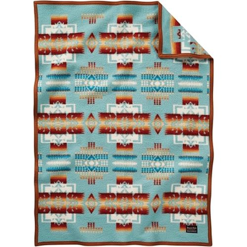 Pendleton Chief Joseph Crib Blanket 32" x 44" - Wool Cotton, Lightweight, Reversible, Soft and Durable Baby Blanket for Home and Travel - Aqua