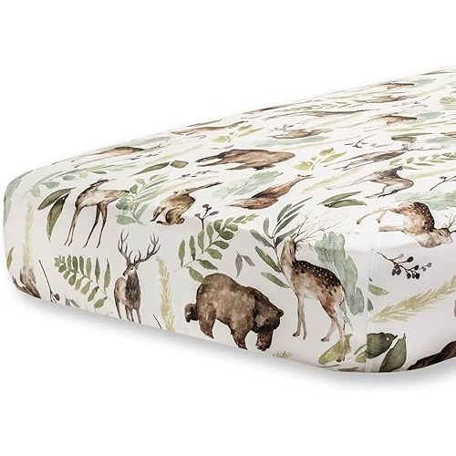 Pobibaby - Premium Single Fitted Baby Boy Crib Sheets for Standard Crib Mattress - Ultra-Soft Cotton Blend, Safe and Snug, and Stylish Woodland Crib Sheet (Wildlife Animal)