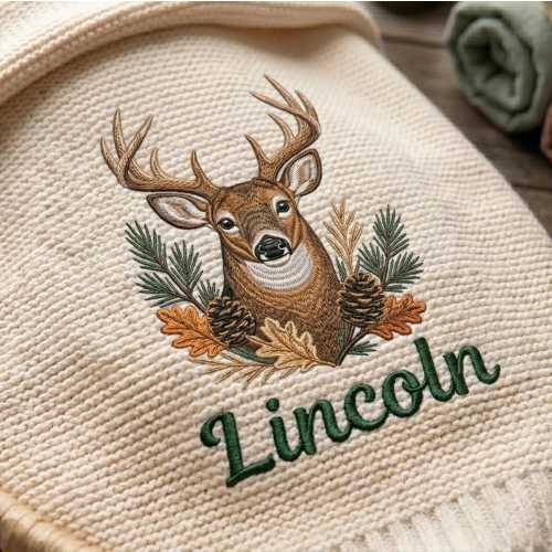Custom Deer Baby Blanket, Personalized Name Deer Hunting Nursery Knit Throw, Neutral Hunter Baby Boy Gifts, Nursery Keepsake