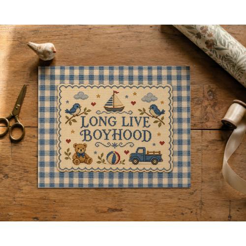 Boy Nursery Wall Art, Long Live Boyhood Print, Vintage Nursery Decor, Blue Gingham Nursery Art, Heirloom Storybook Baby Boy Room, 8x10 11x14