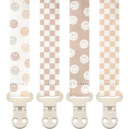 Stadela Baby Pacifier Clip Holder - Girl or Boy Unisex 4 Pack Gift Set - Retro Checker and Smiley Faces Design