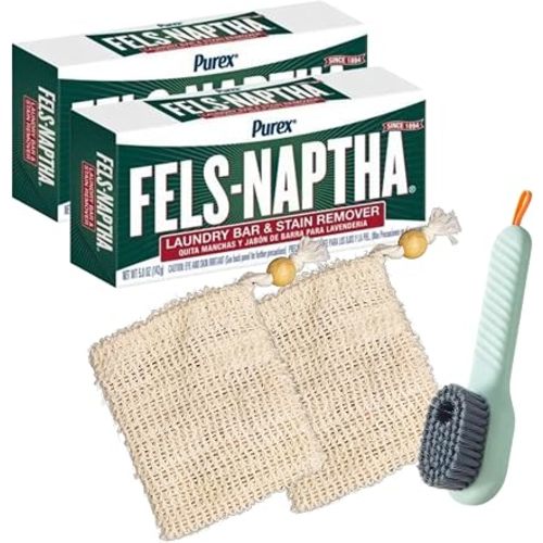AMSY Stain Remover Bundle - Laundry Brush with Soap Dispenser & 2 Sisal Pouches Bundled with 2 Pack of Fels Naptha Laundry Bars