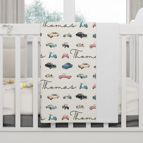 Personalized Vintage Car Baby Blanket: Neutral Nursery Decor