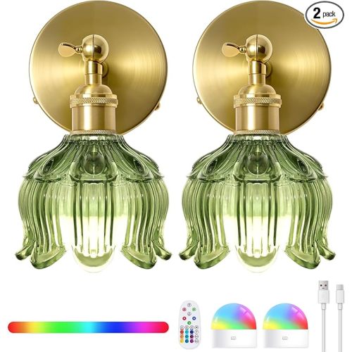 Vintage Battery Operated Wall Sconces - 5000mAh Rechargeable Dimmable Wireless Lights with Remote Control - Set of 2 Green Flower Glass Powered Light Sconce - Cordless Mounted Lighting for Bedroom