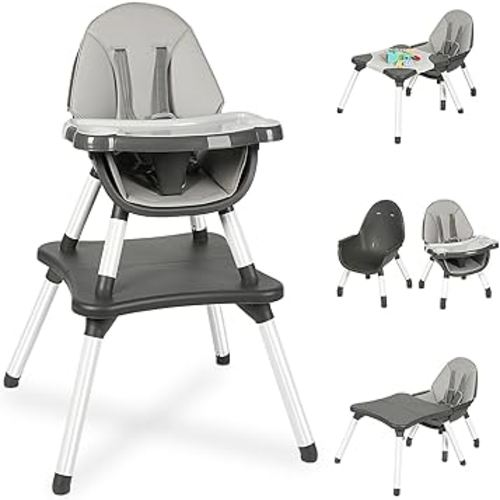 6 in 1 Baby High Chair, Convertible Highchair for Babies and Toddlers, Building Block Table Highchair with 5-Point Safety Harness/Removable Tray, Infant Feeding Table and Chair Set, Grey
