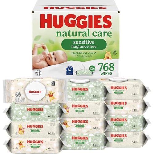 Huggies Natural Care Sensitive Baby Wipes, Unscented, Hypoallergenic, 99% Purified Water, 12 Flip-Top Packs (768 Wipes Total), Packaging May Vary