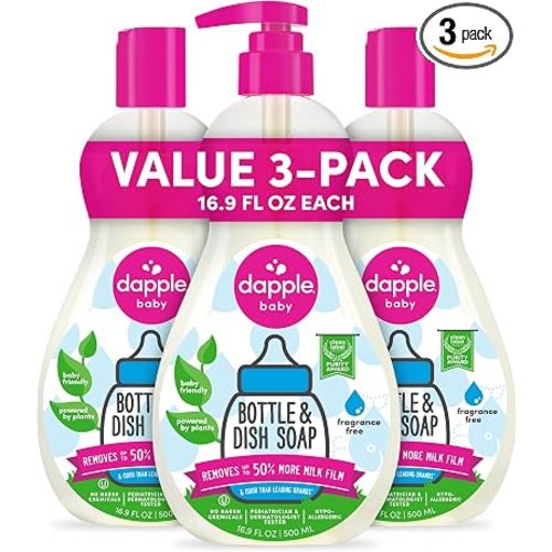 Dapple Baby Fragrance Free Bottle & Dish Soap - (3 Pack) 16.9 fl oz - Cleans Baby Bottles, Sippy Cups, Pacifiers, Breast Pumps, & More - Gently Removes Milk Film & Odors - Includes 1 Pump