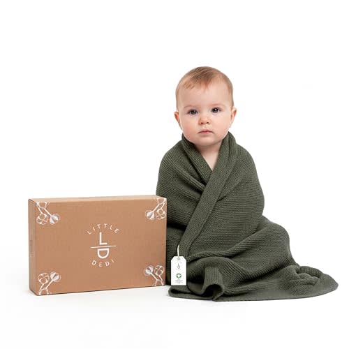 100% Organic Cotton Baby Knitted Blanket with Gift Box - Soft Toddler, Crib, Stroller Blanket - Neutral Swaddle and Receiving Blanket for Newborns, 30"x40", Pepper Green