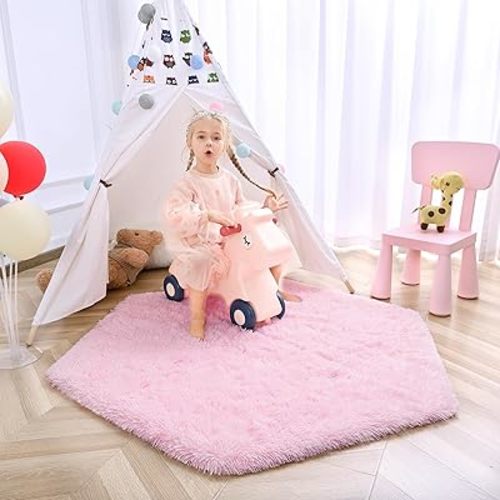 junovo Ultra Soft Rug for Nursery Children Room Baby Room Home Decor Dormitory Hexagon Carpet for Playhouse Princess Tent Kids Play Castle, Diameter 4.6 ft, Pink