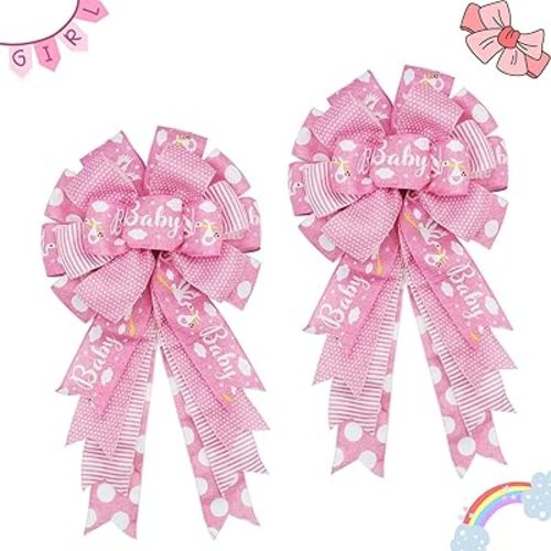 Large Baby Shower Bows 20x11 Inch, 2 Pack Wired Burlap Wreath for Boy Girl, Big Tree Topper for Front Door Indoor Outdoor Spring Decoration (Pink)