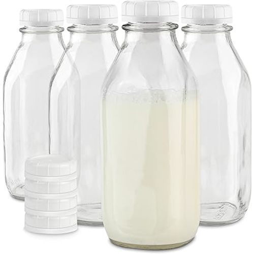 Stock Your Home Liter Glass Milk Bottle with Lid (4 Pack) 32 Oz Jugs and 8 White Caps, Reusable Food Grade Container for Refrigerator, Juice, Oat or Plant Milks, Water, Honey