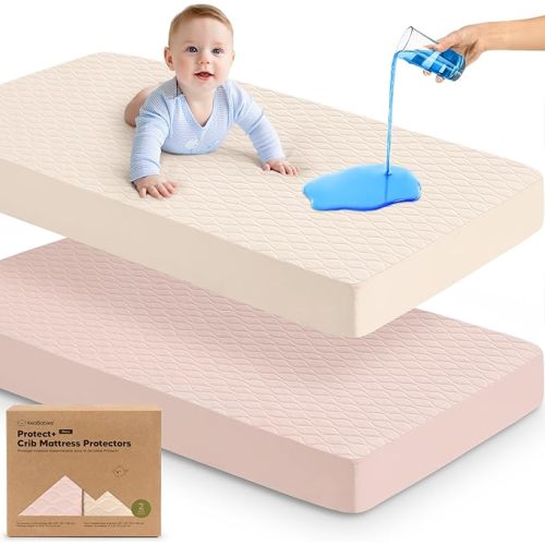 2-Pack Waterproof Crib Mattress Protector Cover Fitted - Quiet Baby Crib Mattress Pad Sheets, 52" x 28" Soft Quilted Cotton Baby Sheet, Machine Washable, Easy Fit, Durable (Cameo/Mavy)