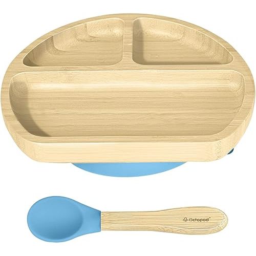Abiie Octopod Bamboo Dish - Kids Plates for 4 months and up, 3-Compartment Baby Plates with Suction, Triangle Bamboo Baby Plate, Mess-Free Toddler Suction Plates, Baby Feeding Supplies, 8.3x1.9x7.7 in