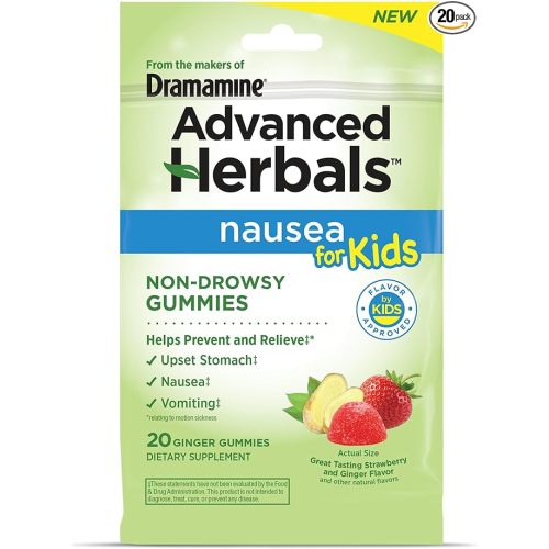 from The Makers of Dramamine, Advanced Herbals Kids Gummies, for Nausea Relief & Motion Sickness During Travel, Strawberry & Ginger Flavor, 20 Count