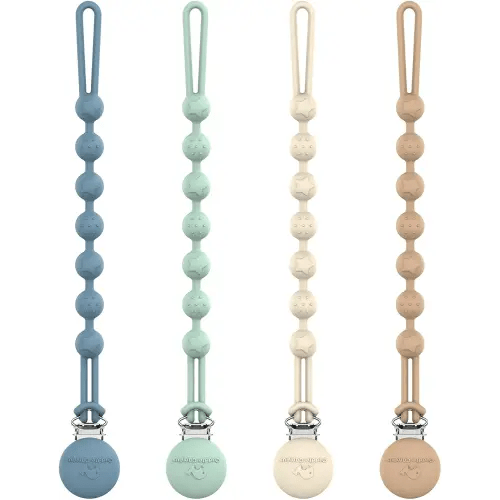 Cuddle Campus Silicone Pacifier Clip Holder with One Piece Design, Pack of 4 Soft Flexible Binky Clips with Texture Set 1(6M+)