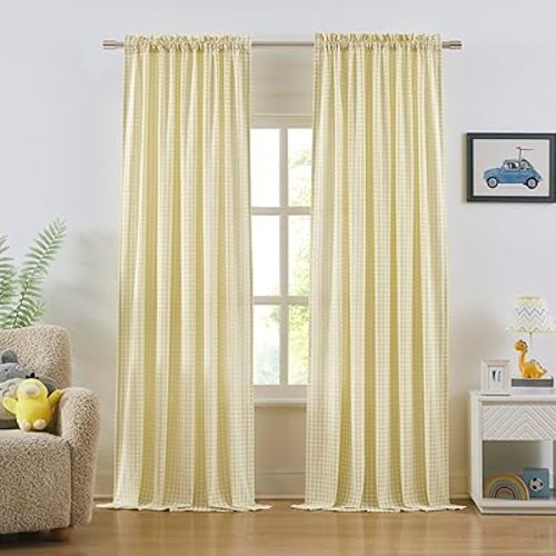 ZJDECOR Yellow White Buffalo Plaid Sheer Rustic Curtains 90 Inches Long