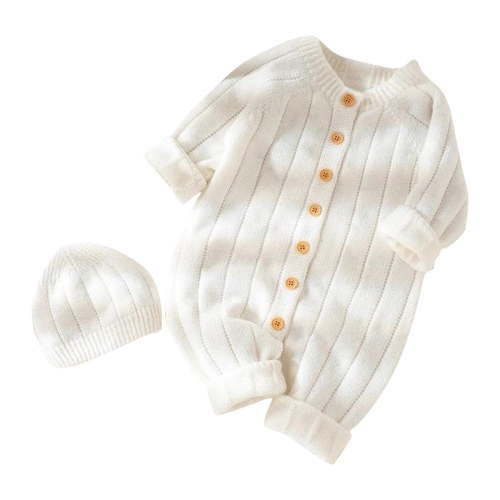 Dealovy Infant Baby Clothes Toddler Fall Knitted Solid Color Onesie Unisex Button up Long Sleeve Romper with Hat Kids 2PCS Comfy Outfit