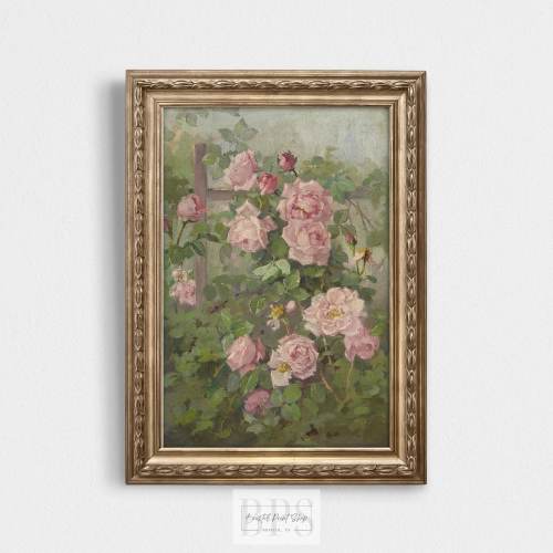 Vintage Pink Roses On Trellis | Green Pastel Print | Antique Wall Art | 19th Century Painting | Girls Room Art | Nursery Wall Print