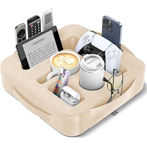 Couch Cup Holder Pillow, Sofa and Bed Caddy for iPad, Kindle, Switch, Game Controller, Remotes, Phones, Small-Sized Cup and Drink Holder for Couch, Bed, Desk, Car, Beach, Bathroom Cup Holder, Khaki