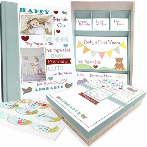 Baby Memory Book with Keepsake Box and  30 Monthly Baby First Milestone Stickers - Gender Neutral First Year Scrapbook Journal - Baby Photo Album for Boys and Girls