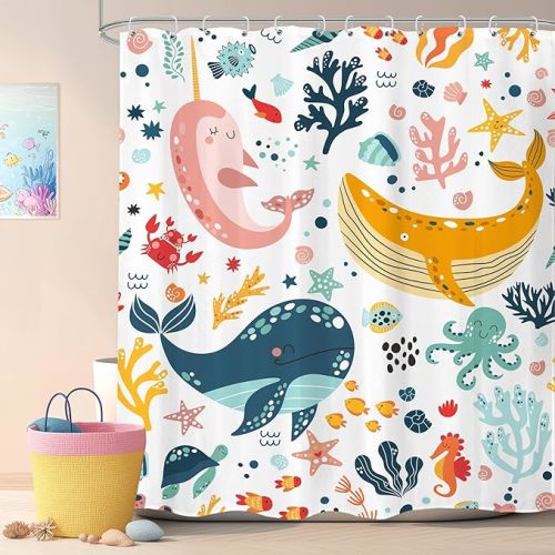 LGhtyro Kids Whale Shower Curtain Bathroom Sets 60Wx71H Inches Fish Ocean Sealife Underwater Coral Starfish Cute Cartoon Unisex Neutral Bath Accessories for Boys Girls Home Decor Fabric 12 Pack Hooks