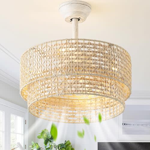 Glmthux 20" Boho Ceiling Fans with Lights, Rattan Fandelier Chandelier Ceiling Fan with Light Remote Control, Caged with 6 Speeds for Bedroom, Nursery